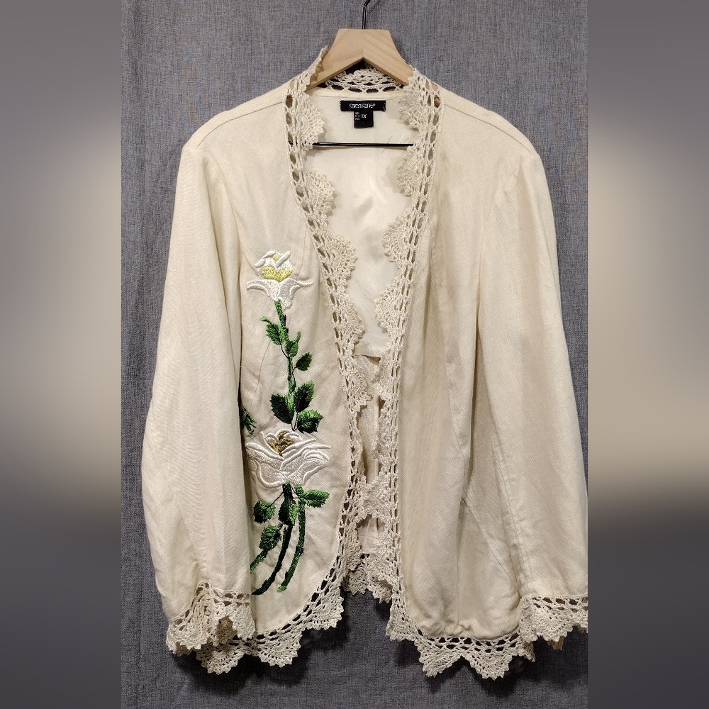 Karen Kane Cream Embroidered Crochet-Trim Open Jacket‎